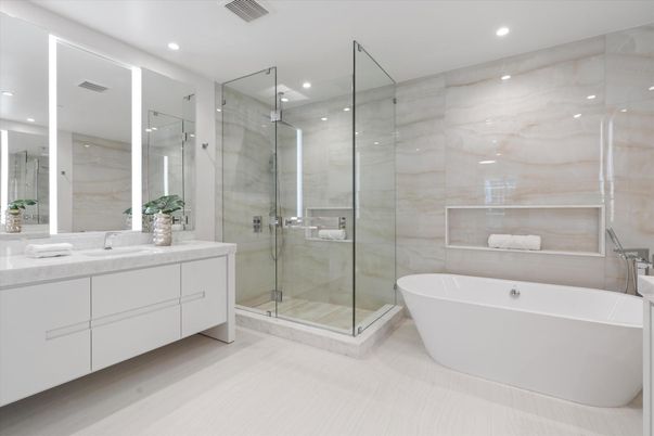 Bathroom, Dual Sink Vanities, Free Standing Baths, Glass Shower, Interior, Marble Walls, Recessed Lighting