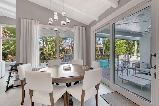 Dining room, Interior, Pendant Lights, Wood Texture Flooring