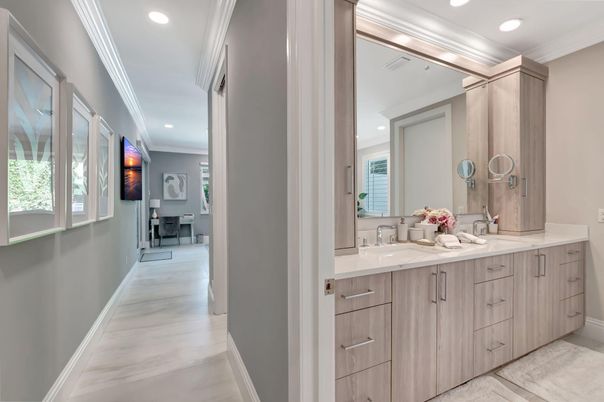 Bathroom, Dual Sink Vanities, Interior, Marble, Recessed Lighting