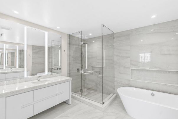 Bathroom, Dual Sink Vanities, Free Standing Baths, Glass Shower, Interior, Marble, Marble Walls, Recessed Lighting