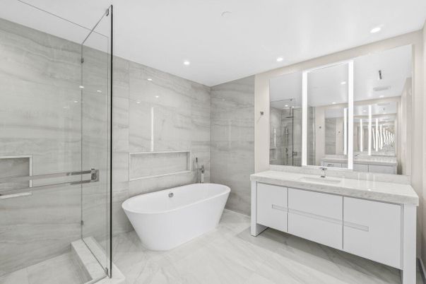 Bathroom, Dual Sink Vanities, Free Standing Baths, Glass Shower, Interior, Marble, Marble Walls, Recessed Lighting
