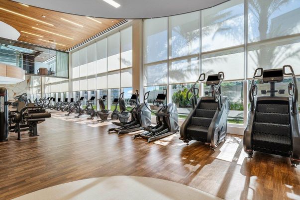 Fitness Equipment, Gym, Interior, Recessed Lighting, Wood Texture Flooring