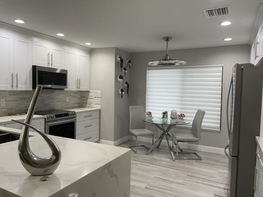 Dining room, Interior, Kitchen, Recessed Lighting, Wood Texture Flooring