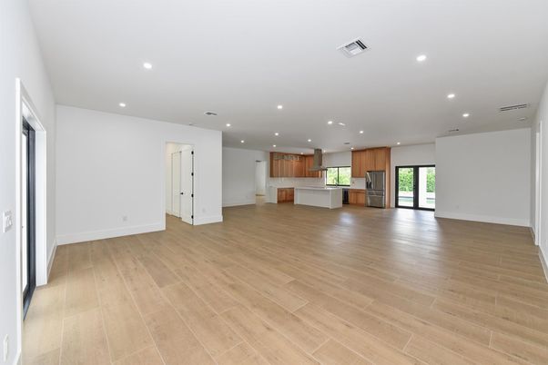 Empty room, Interior, Kitchen, Recessed Lighting, Wood Texture Flooring