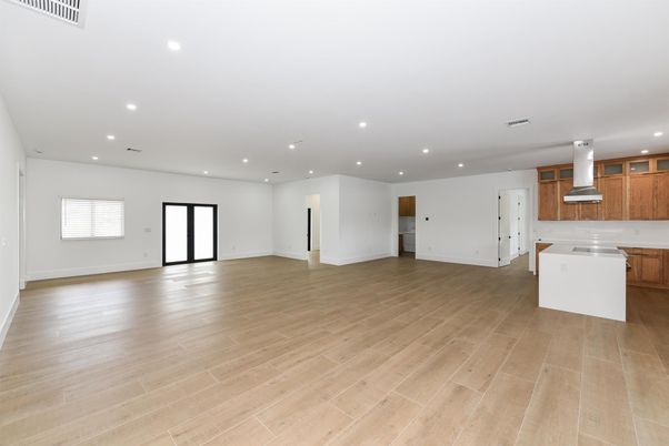 Empty room, Interior, Kitchen, Recessed Lighting, Wood Texture Flooring