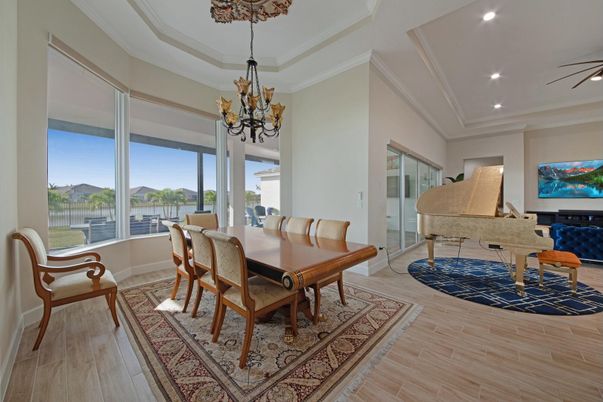 Chandelier, Dining room, Interior, Piano, Recessed Lighting, Wood Texture Flooring