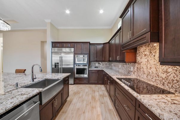 Interior, Kitchen, Recessed Lighting, Stainless Steel Appliances, Wood Texture Flooring