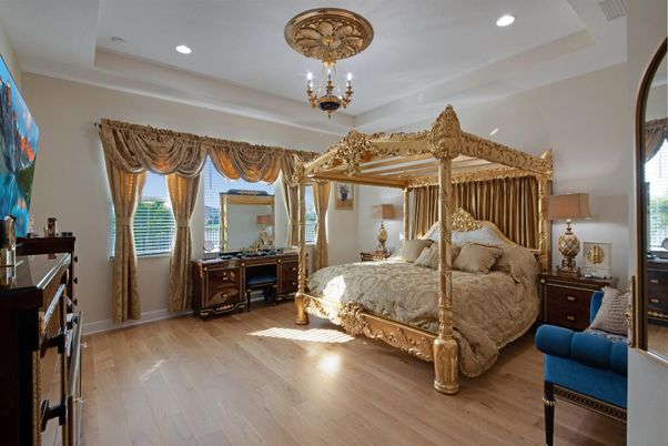 Bedroom, Chandelier, Interior, Recessed Lighting, Wood Texture Flooring