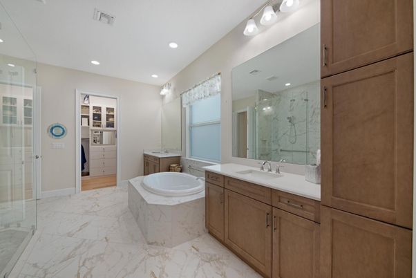 Bathroom, Dual Sink Vanities, Glass Shower, Interior, Marble, Recessed Lighting