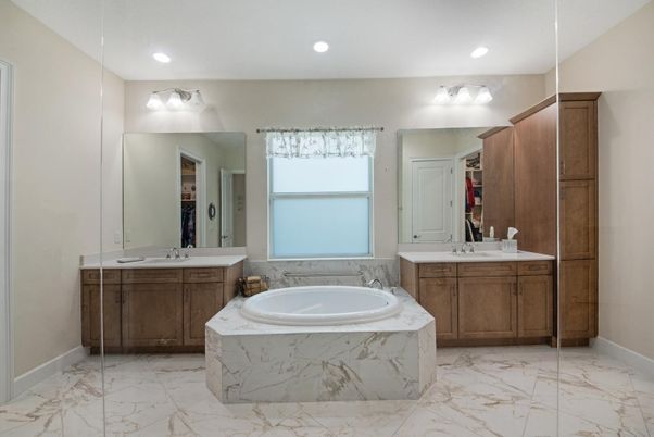 Bathroom, Dual Sink Vanities, Interior, Marble, Recessed Lighting