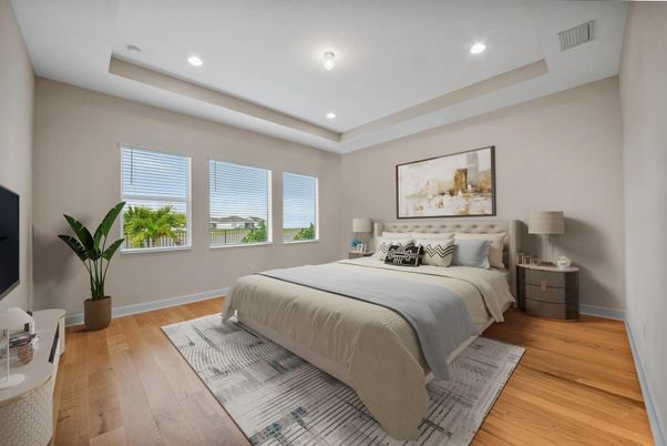 Bedroom, Interior, Recessed Lighting, Wood Texture Flooring