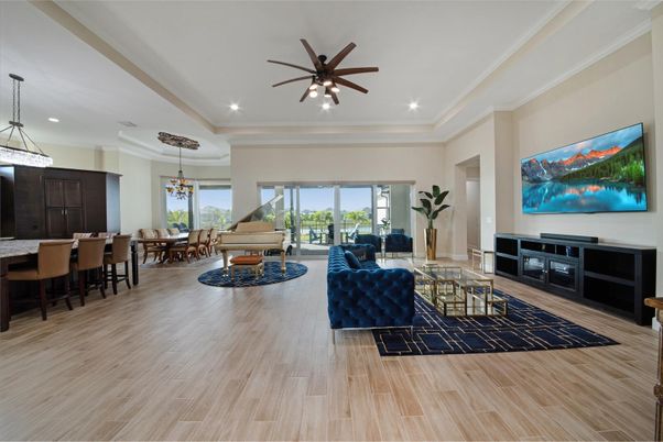 Chandelier, Dining room, Interior, Living room, Pendant Lights, Piano, Recessed Lighting, Wood Texture Flooring