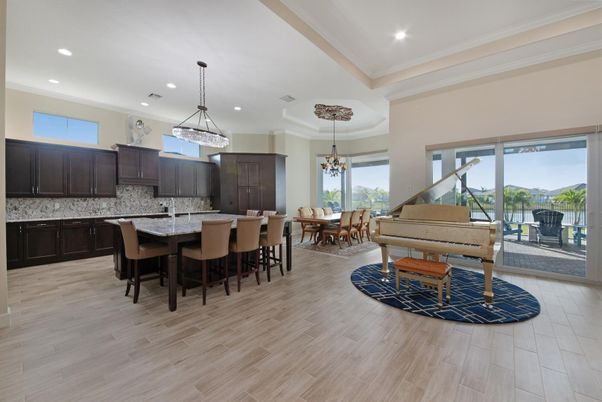 Chandelier, Dining room, Interior, Kitchen, Pendant Lights, Piano, Recessed Lighting, Wood Texture Flooring