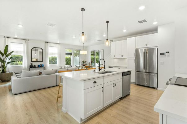 Dining room, Interior, Kitchen, Living room, Pendant Lights, Recessed Lighting, Stainless Steel Appliances, Wood Texture Flooring