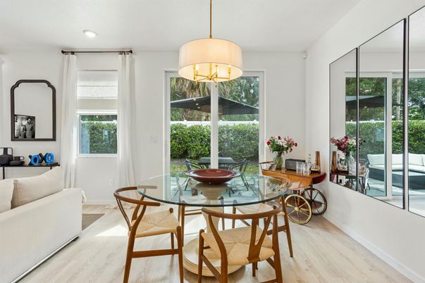 Dining room, Interior, Pendant Lights, Recessed Lighting, Wood Texture Flooring