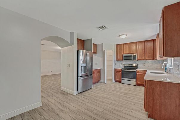 Interior, Kitchen, Stainless Steel Appliances, Wood Texture Flooring