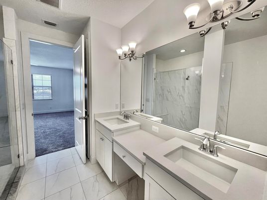 Bathroom, Dual Sink Vanities, Interior, Marble Walls, Recessed Lighting