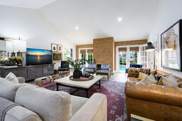 Fireplace, Interior, Living room, Recessed Lighting, Stone Walls