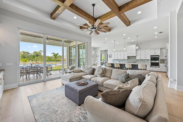 Interior, Kitchen, Living room, Pendant Lights, Recessed Lighting, Stainless Steel Appliances, Wooden Beams, Wood Texture Flooring