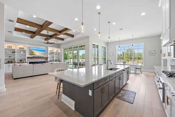 Fireplace, Interior, Kitchen, Living room, Pendant Lights, Recessed Lighting, Stainless Steel Appliances, Wooden Beams, Wood Texture Flooring