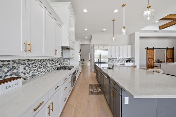 Interior, Kitchen, Pendant Lights, Recessed Lighting, Stainless Steel Appliances, Wooden Beams, Wood Texture Flooring