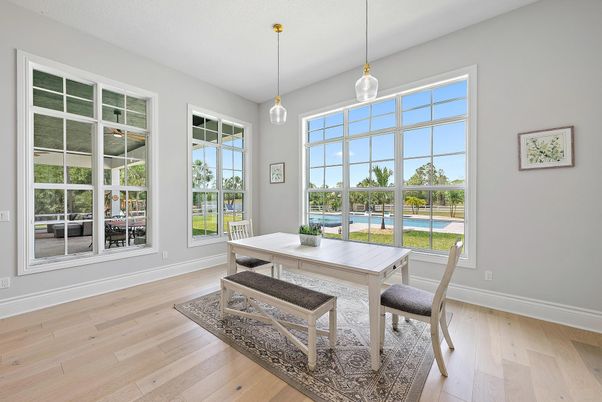 Dining room, Interior, Pendant Lights, Water, Wood Texture Flooring