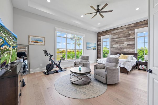 Bedroom, Fireplace, Fitness Equipment, Interior, Recessed Lighting, Wood Texture Flooring, Wooden Walls