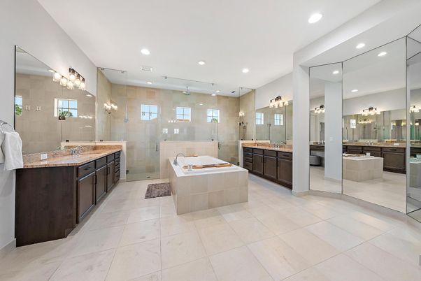 Bathroom, Dual Sink Vanities, Glass Shower, Interior, Recessed Lighting
