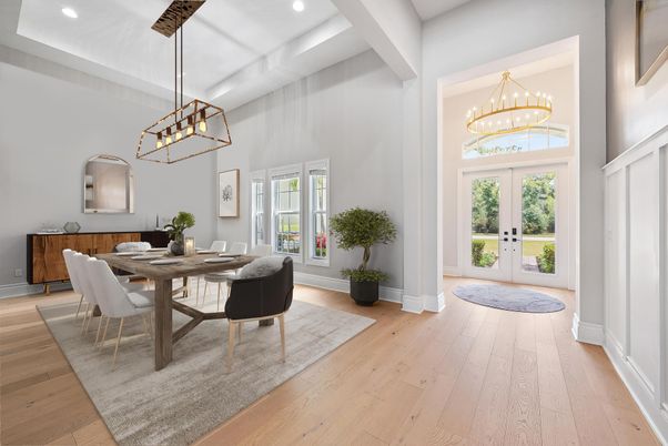 Chandelier, Dining room, Interior, Pendant Lights, Recessed Lighting, Wood Texture Flooring