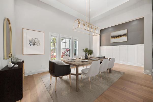Dining room, Interior, Pendant Lights, Wood Texture Flooring