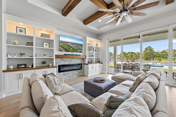 Fireplace, Interior, Living room, Recessed Lighting, Wooden Beams, Wood Texture Flooring