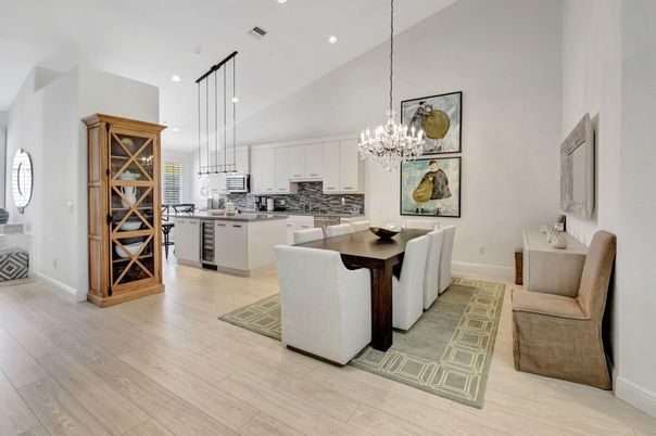 Chandelier, Dining room, Interior, Kitchen, Pendant Lights, Recessed Lighting, Wood Texture Flooring