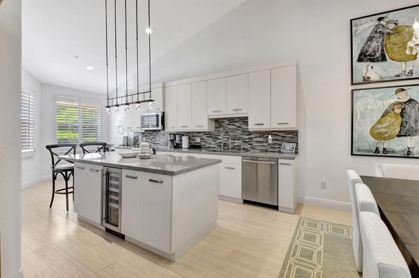Dining room, Interior, Kitchen, Pendant Lights, Recessed Lighting, Stainless Steel Appliances, Wood Texture Flooring