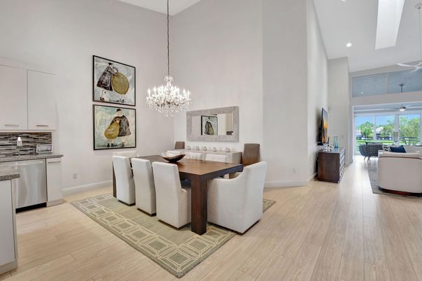 Chandelier, Dining room, Interior, Kitchen, Living room, Pendant Lights, Recessed Lighting, Wood Texture Flooring