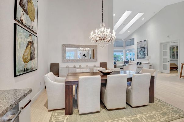 Chandelier, Dining room, Interior, Recessed Lighting, Wood Texture Flooring