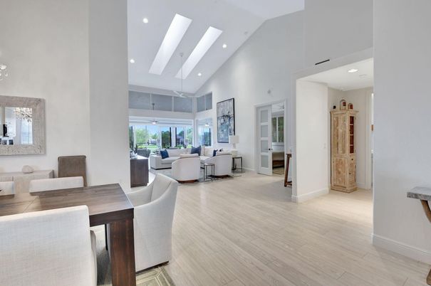Dining room, Interior, Living room, Recessed Lighting, Wood Texture Flooring