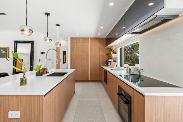 Interior, Kitchen, Marble Walls, Pendant Lights, Recessed Lighting