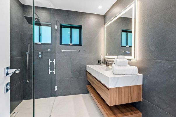 Bathroom, Dual Sink Vanities, Glass Shower, Interior, Recessed Lighting