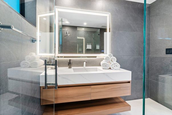 Bathroom, Glass Shower, Interior, Recessed Lighting