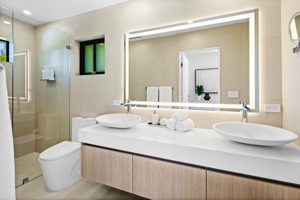 Bathroom, Dual Sink Vanities, Glass Shower, Interior, Recessed Lighting