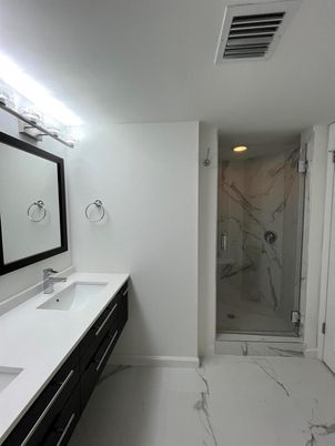 Bathroom, Dual Sink Vanities, Glass Shower, Interior, Marble, Marble Walls