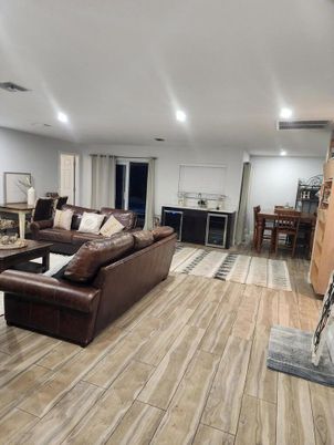 Dining room, Interior, Living room, Recessed Lighting, Wood Texture Flooring