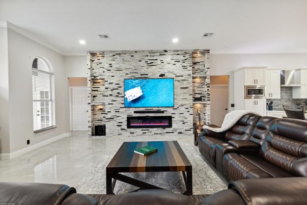 Interior, Kitchen, Living room, Recessed Lighting, Stainless Steel Appliances, Stone Walls