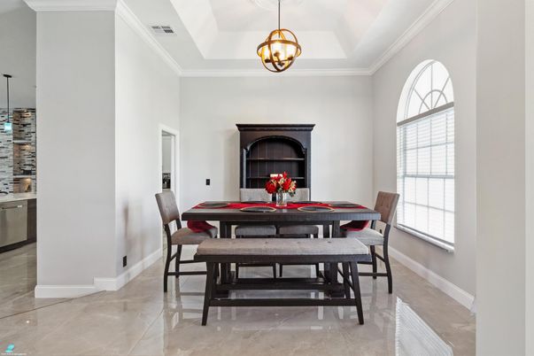 Dining room, Fireplace, Interior, Pendant Lights