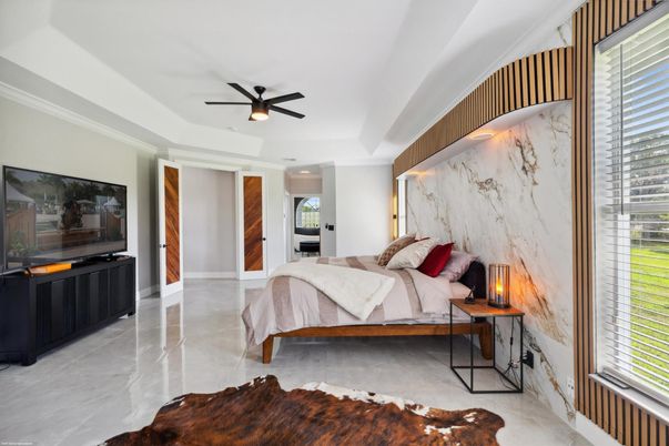 Bedroom, Interior, Marble Walls, Recessed Lighting