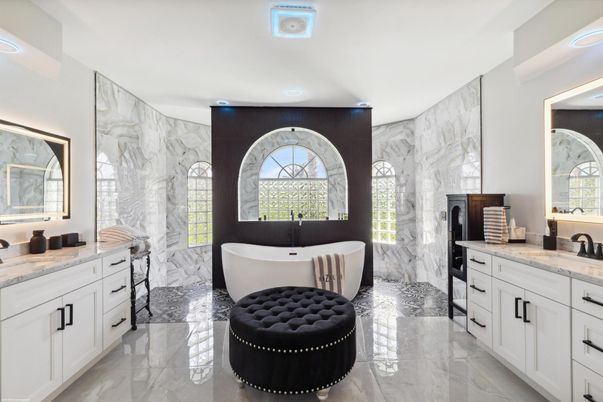 Bathroom, Dual Sink Vanities, Free Standing Baths, Interior, Marble, Marble Walls, Recessed Lighting