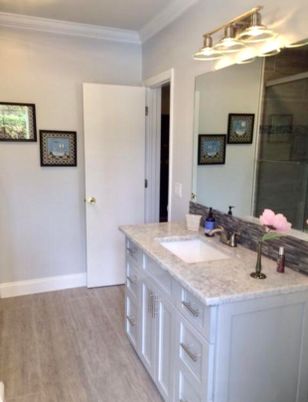 Bathroom, Interior, Pendant Lights, Wood Texture Flooring