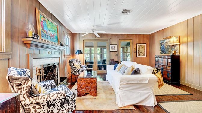 Fireplace, Interior, Living room, Wood Texture Flooring, Wooden Walls