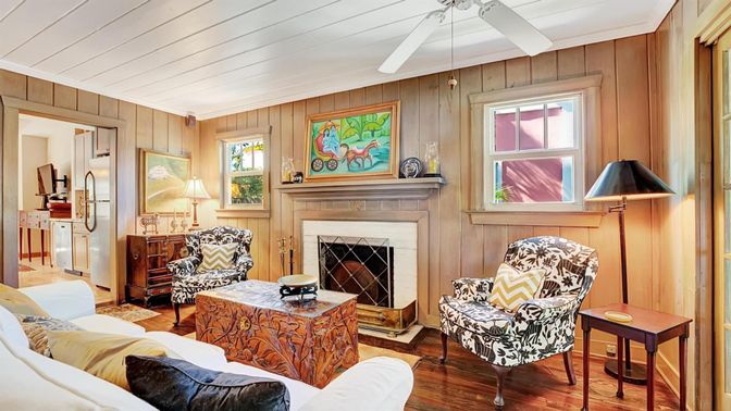 Fireplace, Interior, Living room, Wood Texture Flooring, Wooden Walls
