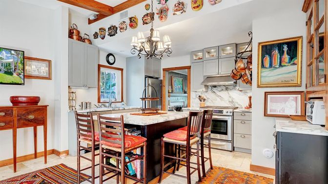 Chandelier, Dining room, Interior, Kitchen, Marble Walls, Stainless Steel Appliances
